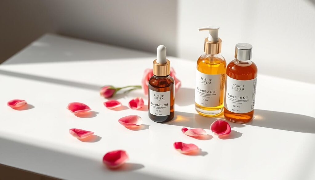 A high-quality still life arrangement showcasing an assortment of facial care products infused with rosehip oil. Placed on a clean, minimalist tabletop with a soft, natural lighting illuminating the scene. The products include a facial serum, moisturizer, and cleansing oil, all packaged in simple, elegant containers. The rosehip oil is represented by a few freshly cut rose petals scattered artfully across the surface. The overall composition radiates a sense of luxury, purity, and the natural restorative powers of this botanical ingredient.