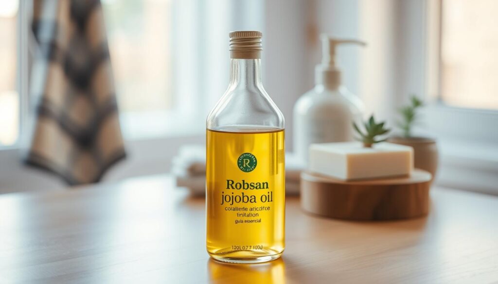 A pristine glass bottle filled with golden-hued jojoba oil, resting on a clean, minimalist wooden surface. The lighting is soft and diffused, creating a warm, natural glow that highlights the oil's translucent quality. In the background, a blurred array of everyday household items, such as a towel, a bar of soap, and a small potted plant, suggesting the versatile and everyday uses of this "Robson guia essencial" product. The composition is balanced and visually appealing, inviting the viewer to explore the many daily applications of this nourishing botanical oil.