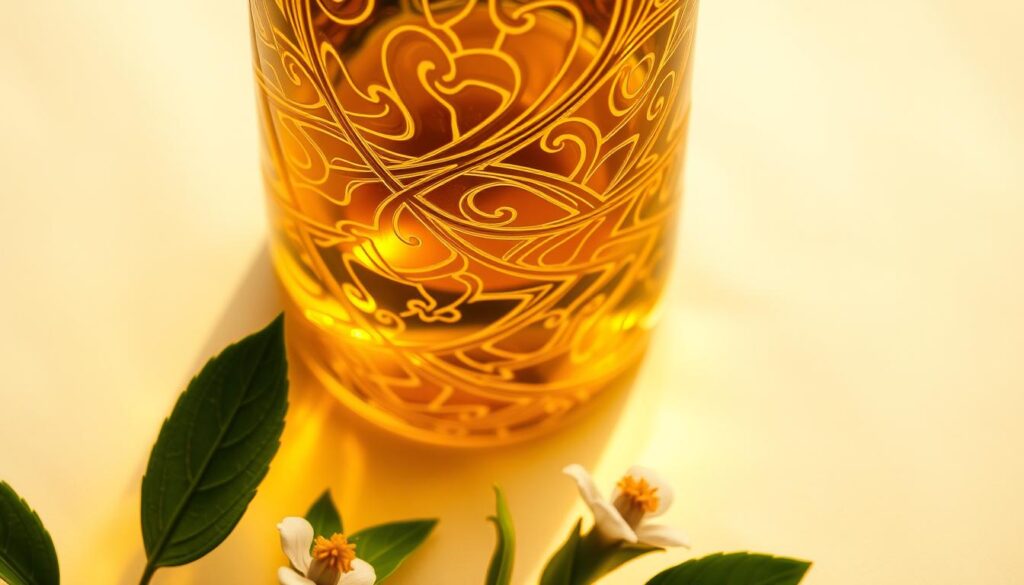 A vibrant, serene close-up of a glass bottle filled with golden jojoba oil, resting on a soft, cream-colored background. Intricate patterns of light shimmer across the surface, casting a warm, natural glow. In the foreground, delicate jojoba leaves and flowers emerge, their verdant hues complementing the rich, nourishing oil. The overall composition evokes a sense of wellness and natural beauty, perfectly capturing the "Principais benefícios do óleo de jojoba para a beleza" as featured in the "Robson guia essencial" article.