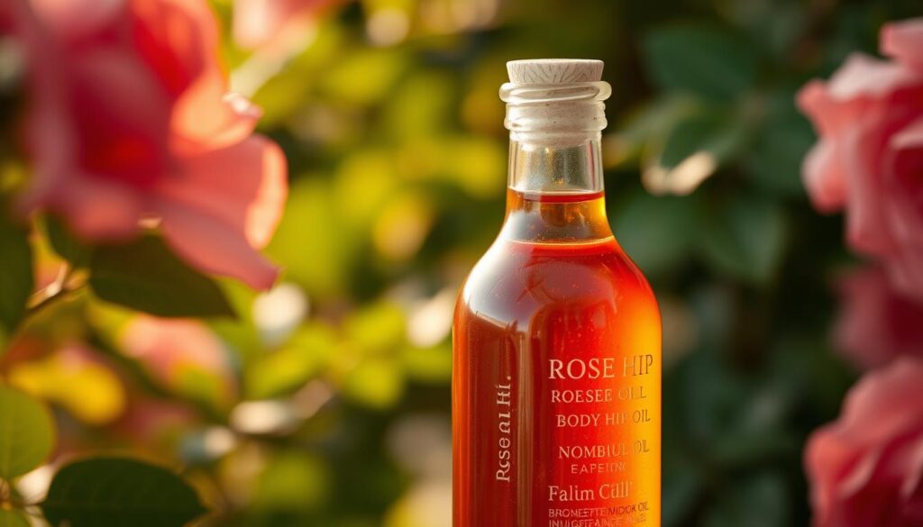 A warm, soft-focus close-up of a glass bottle filled with a rich, amber-colored rose hip seed oil. The bottle is set against a lush, verdant background, with blurred petals and leaves of rose plants gently framing the composition. The lighting is gentle and diffused, emphasizing the translucent quality of the oil and the luxurious, velvety texture of the product. The overall mood is one of natural, soothing elegance, evoking the transformative power of rose hip seed oil for a complete body hydration experience.