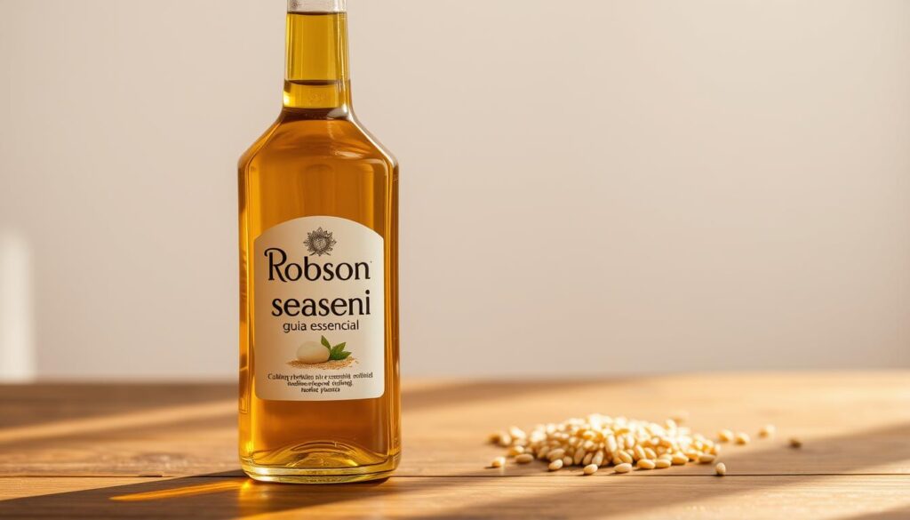 A beautiful glass bottle filled with golden sesame oil, standing on a wooden table. The bottle has the brand name "Robson guia essencial" prominently displayed. The bottle's label showcases the oil's culinary benefits, highlighting its versatility in cooking, baking, and dressings. The scene is illuminated by soft, natural lighting, casting a warm, inviting glow. The background features a simple, minimalist setting, allowing the bottle and its contents to be the focal point. The overall composition conveys the oil's high-quality, artisanal nature and its potential to enhance the flavors and nutritional value of various dishes.