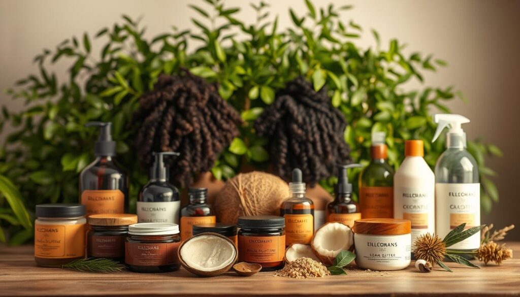 A beautifully arranged still life showcasing an assortment of hair care products for curly, textured hair. In the foreground, an array of jars, bottles, and tubs are meticulously positioned, each containing nourishing ingredients like shea butter, coconut oil, and curl-enhancing botanical extracts. The middle ground features a lush, verdant backdrop, hinting at the natural, organic essence of the products. Soft, diffused lighting from above creates a warm, inviting atmosphere, while the camera angle emphasizes the products' tactile, artisanal qualities. The overall mood is one of self-care, haircare, and embracing the beauty of natural curls.