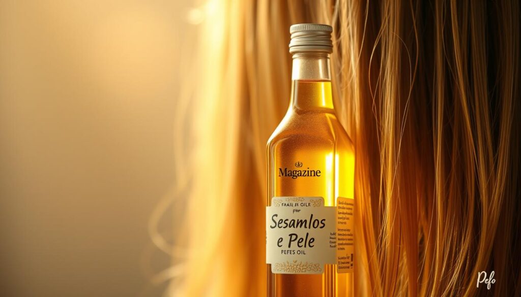 A beautifully lit, close-up photograph of a bottle of pure, golden-hued sesame oil standing prominently in the foreground, its label prominently displaying the words "Magazine Cabelos e Pele". In the background, lush, vibrant strands of healthy, shiny hair cascade downward, creating a sense of growth and vitality. The lighting is soft and diffused, casting a warm, natural glow over the entire scene, accentuating the rich tones of the oil and the hair. The composition is balanced and visually striking, drawing the viewer's attention to the powerful connection between the sesame oil and its ability to promote hair growth and health.