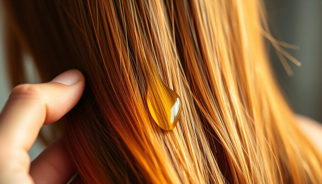 A beautifully lit close-up shot of a person's hair, glistening with rich, vibrant avocado oil. The hair appears soft, smooth, and silky, with a healthy shine. The lighting creates a warm, inviting ambiance, highlighting the natural golden hues of the oil. The focus is on the application of the oil, with the person's fingers gently massaging it into the strands. The background is blurred, creating a sense of depth and emphasizing the subject. The overall mood is one of nourishment, indulgence, and hair care.