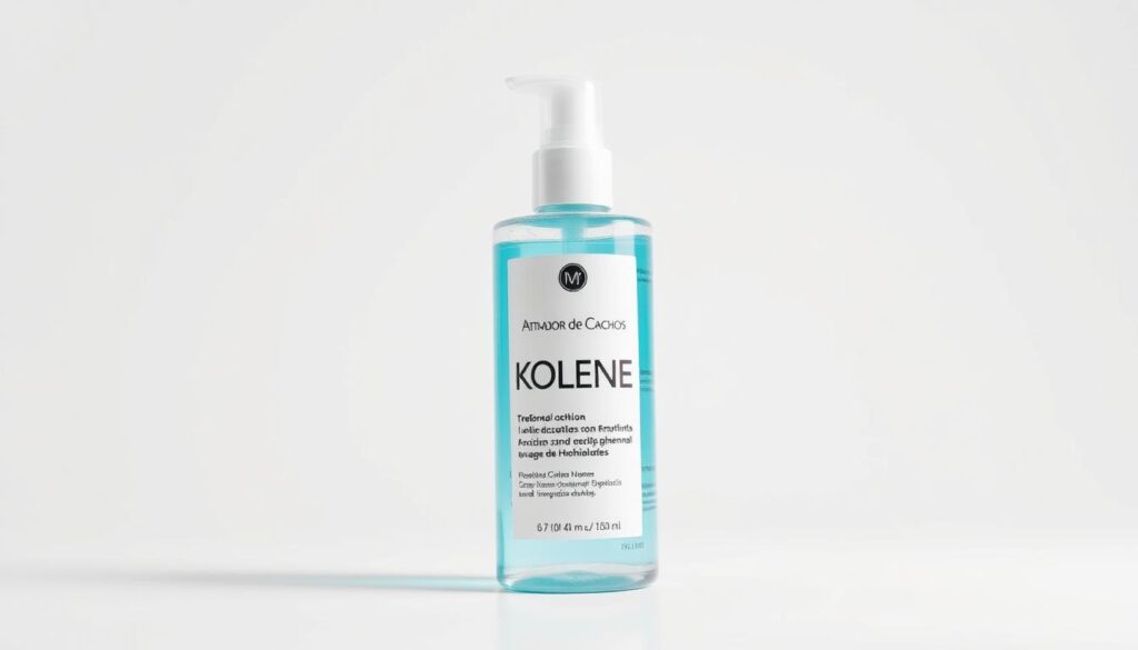 A beautifully lit, high-resolution, close-up photograph of the "Ativador de Cachos Kolene" hair product. The product is shown against a crisp, white background, allowing it to be the sole focus of the image. The bottle is positioned at a slight angle, highlighting its sleek, cylindrical design and the vibrant, aqua-blue color of the liquid inside. The lighting is soft and diffused, creating a warm, inviting atmosphere and accentuating the product's high-quality, premium appearance. Every detail of the bottle's label and packaging is clearly visible, showcasing the brand's branding and aesthetic. The overall composition is clean, professional, and designed to draw the viewer's attention to the transformative power of the "Ativador de Cachos Kolene" product.