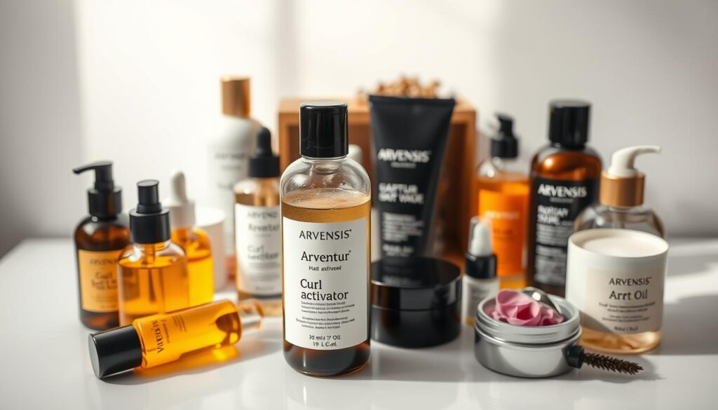 A beautifully lit, high-resolution photograph of a variety of hair care products neatly arranged on a pristine white surface. In the center, a bottle of Arvensis hair curl activator stands out, its sleek, minimalist design and attractive packaging immediately catching the eye. Surrounding it are complementary products like hair oils, serums, and styling creams, all presented in a visually appealing, lifestyle-inspired setting that conveys a sense of quality and sophistication. The lighting is soft and diffused, creating a warm, inviting atmosphere that highlights the textures and colors of the products. The angle is slightly elevated, allowing the viewer to appreciate the carefully curated composition.