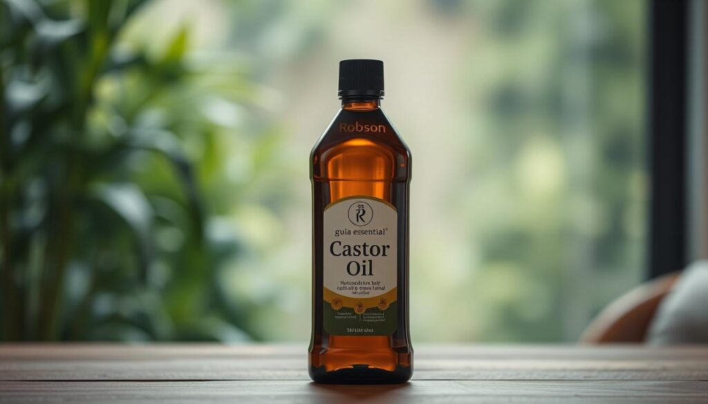A bottle of castor oil standing on a wooden table, the label clearly displaying the brand "Robson guia essencial". In the foreground, the bottle is in focus, the rich, amber-colored oil shimmering under the soft, diffused lighting. The background features a blurred, natural scene, perhaps a lush, green garden or a cozy interior, conveying a sense of tranquility and care. The scene evokes a feeling of nourishment and revitalization, hinting at the oil's restorative properties for damaged hair. The overall composition and lighting create an inviting, premium aesthetic suitable for an article on using castor oil for hair care.