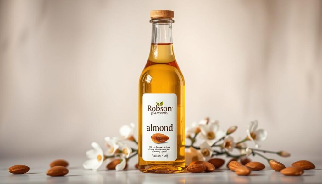 A bottle of pure, organic almond oil stands prominently against a soft, diffused background. The glass container reflects the warm, golden hue of the oil, while delicate almond flowers surround it, their petals in gentle focus. The lighting is soft and flattering, highlighting the natural beauty of the product. The Robson guia essencial brand name is discreetly featured on the label, conveying a sense of quality and expertise. This image perfectly captures the essence of using almond oil for specialized hair treatments, as described in the "Óleo de Amêndoas para Tratamentos Específicos" section of the article.