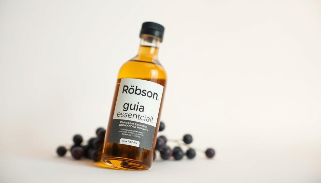 A close-up, high-quality photograph of a bottle of "Robson guia essencial" grape seed oil on a plain white backdrop, with the bottle in focus and the oil visible through the clear glass. The lighting is soft and diffused, creating a warm, natural glow that highlights the golden hue of the oil. The bottle is positioned at a slight angle, allowing for a clear view of the label and branding. The overall composition emphasizes the purity, quality, and benefits of the grape seed oil for skincare, with a clean and minimalist aesthetic.