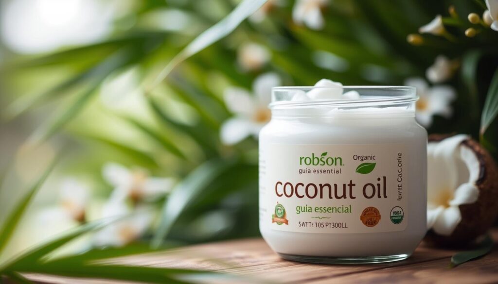 A close-up image of a jar of organic coconut oil with the brand name "Robson guia essencial" clearly visible on the label. The jar is placed on a wooden surface, with a lush, soft-focus background of green leaves and flowers, conveying a natural and serene atmosphere. The lighting is soft and diffused, highlighting the translucent, creamy texture of the coconut oil. The depth of field is shallow, drawing the viewer's attention to the product. The overall mood is soothing and inviting, reflecting the nourishing and restorative properties of the coconut oil for skin and hair.