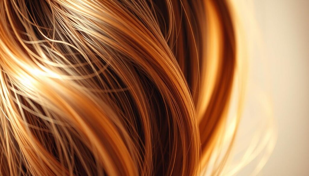 A close-up of a person's hair, with a warm, soft focus lighting that illuminates the individual strands. The hair appears healthy, shiny, and nourished, reflecting the benefits of wheat germ oil. The image conveys a sense of vitality and natural beauty, showcasing the transformative effects of this hair care ingredient. The background is blurred, placing the emphasis on the luscious, vibrant hair texture. The overall mood is serene, highlighting the rejuvenating and nourishing properties of wheat germ oil on the hair.