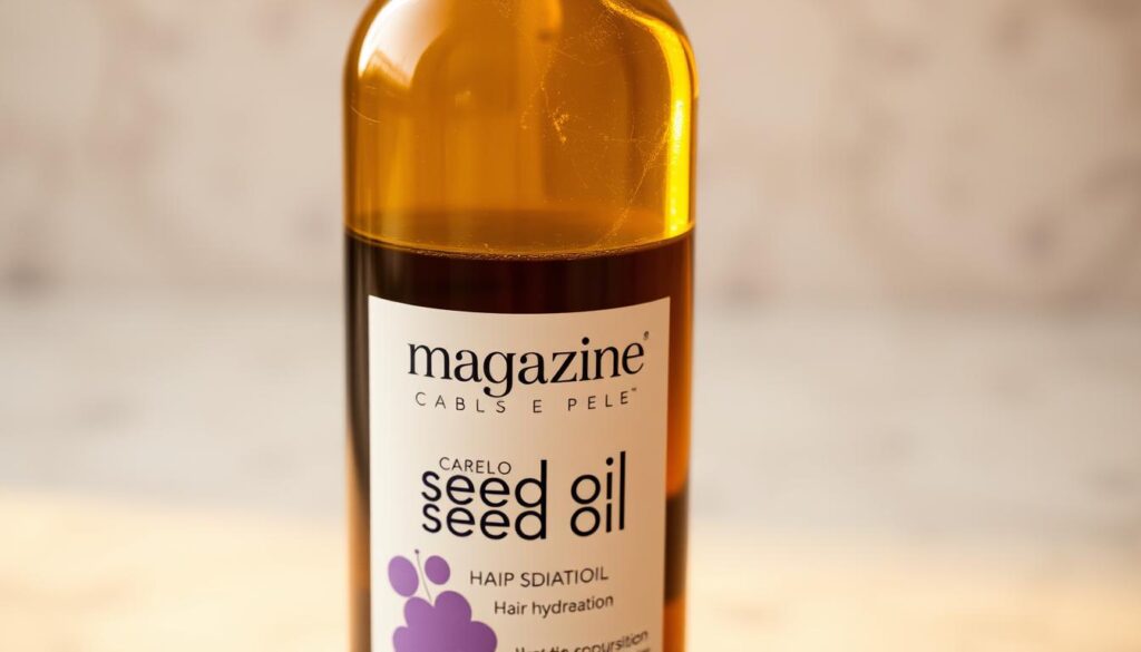 A close-up photograph of a bottle of "Magazine cabelos e pele" grape seed oil, illuminated by soft, warm lighting. The bottle has a clean, minimalist design with a label showcasing the product's purpose - hair hydration. The oil appears viscous and rich, the liquid glistening as if freshly poured. The background is a neutral, blurred surface, allowing the product to be the focal point. The overall mood is one of luxury, quality, and the nourishing power of nature's bounty.