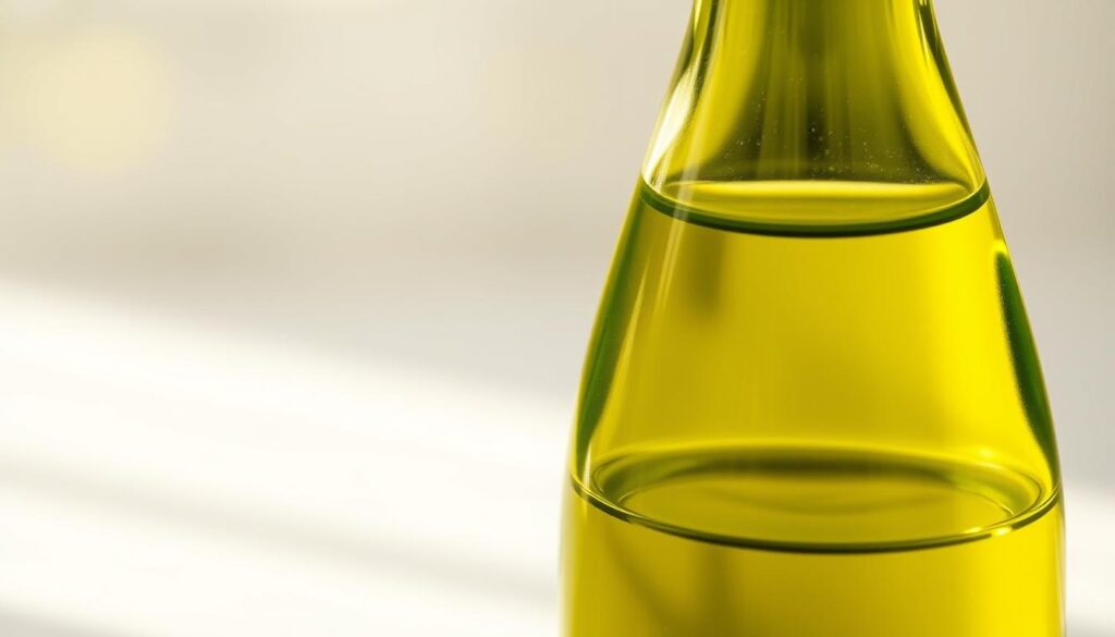 A close-up photograph of avocado oil in a clear glass bottle, backlit by soft, natural lighting. The oil has a rich, creamy texture and a vibrant, greenish-yellow hue. The bottle is positioned against a blurred, ethereal background, giving the image a serene, spa-like atmosphere. The lighting gently accentuates the bottle's form, creating captivating highlights and shadows that draw the viewer's attention to the nourishing, hydrating properties of the avocado oil. This image effectively conveys the benefits of using avocado oil for dry, damaged hair, as described in the "Óleo de Abacate para Diferentes Tipos de Cabelo" section of the article.
