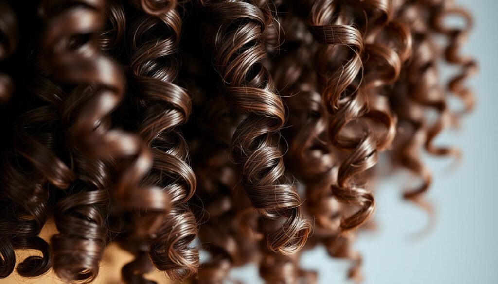 A close-up photograph of defined, voluptuous curls cascading down the frame, showcasing the intricate textures and sheen of healthy, moisturized hair. The curls are illuminated by soft, diffused lighting, casting subtle shadows that accentuate their dimensional form. The focus is sharp, drawing the viewer's attention to the striking details of each individual curl. The background is blurred, creating a sense of depth and emphasizing the curls as the central subject. The overall mood is one of elegance, vibrancy, and the effortless beauty of well-cared-for, defined curls.