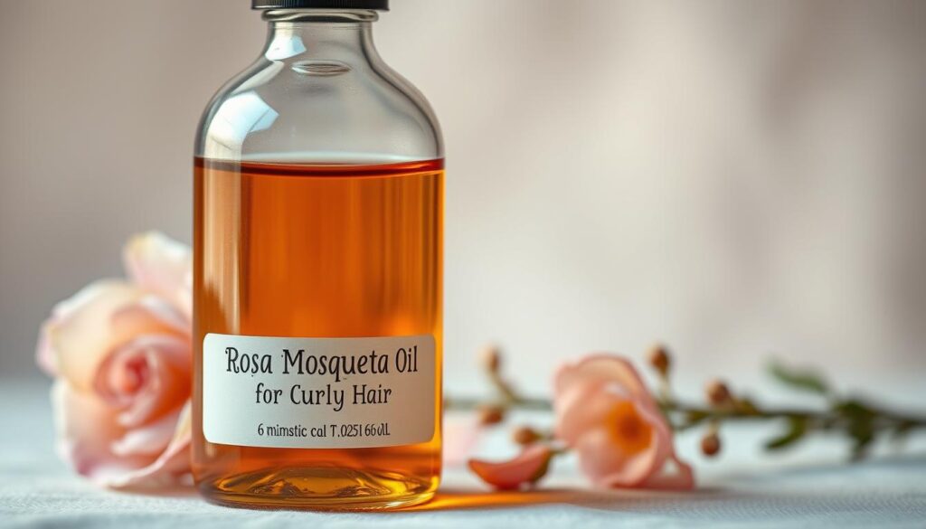 A close-up shot of a glass bottle filled with a rich, golden-amber liquid, the label prominently displaying the words "Rosa Mosqueta Oil for Curly Hair". The bottle is set against a soft, out-of-focus background with delicate floral elements, perhaps rose petals or leaves, hinting at the natural origins of the product. The lighting is warm and diffused, creating a sense of luxury and indulgence. The composition is balanced and visually appealing, drawing the viewer's attention to the key features of the product.