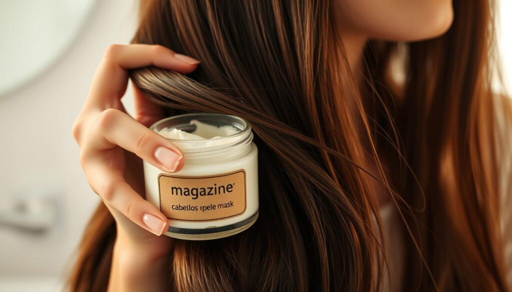 A close-up shot of a woman's hand applying a rich, creamy coconut oil hair mask to her long, dark hair. The mask is contained in a small glass jar with a rustic, natural-looking label that reads "Magazine cabelos e pele". The lighting is soft and warm, creating a soothing, spa-like atmosphere. The background is blurred, but hints at a serene, minimalist setting, perhaps a bathroom counter or vanity. The focus is on the textures and details of the hair, mask, and hand movement, conveying the nourishing, luxurious experience of this coconut oil hair treatment.