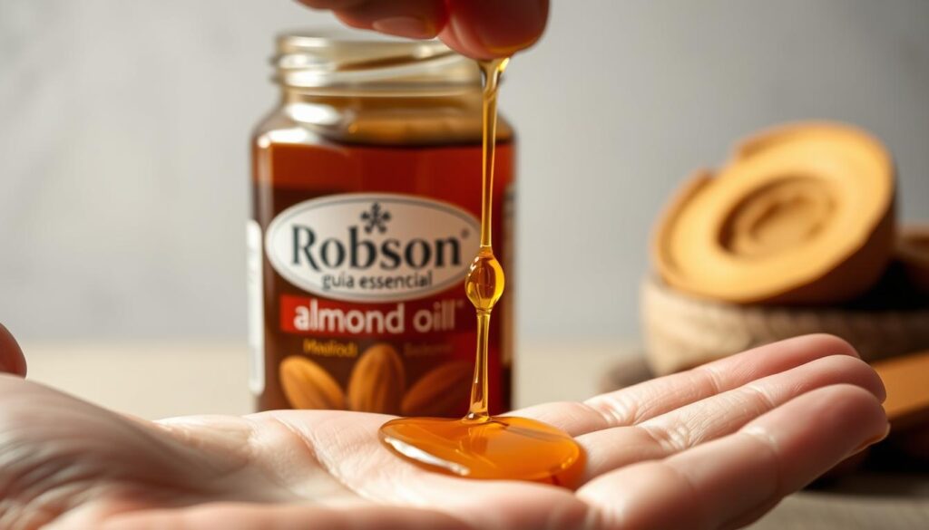 A close-up shot of an open jar of "Robson guia essencial" almond oil, showcasing the rich amber liquid and the label. In the foreground, a hand carefully pours a few drops onto the palm, highlighting the oil's viscosity and natural shine. The background is slightly blurred, creating a sense of focus on the oil itself. The lighting is soft and diffused, casting gentle shadows and highlighting the oil's translucent qualities. The overall mood is one of thoughtful consideration, inviting the viewer to contemplate the potential benefits and precautions associated with using this almond oil.