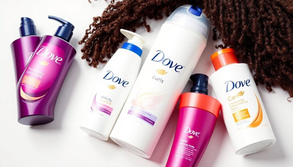 A close-up view of several hair products from the Dove Curls hair care line, arranged on a clean, white background. The products are neatly displayed, showcasing their sleek, modern packaging design. Soft lighting illuminates the products, highlighting their rich, vibrant colors and textures. The image conveys a sense of simplicity, elegance, and the promise of healthy, well-cared-for curly hair. The focus is on the products themselves, allowing the viewer to appreciate their visual appeal and imagine the potential transformation of their own hair.