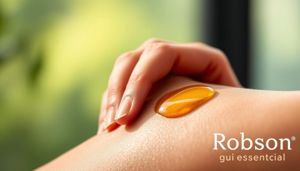 A closeup image of a woman's hand massaging fragrant almond oil into her skin, creating a serene and rejuvenating hydration ritual. The golden-hued oil glistens under soft, diffused lighting, accentuating its luxurious texture. In the background, a subtle gradient of natural greens and blues creates a calming, earthy atmosphere, transporting the viewer to a peaceful, spa-like setting. The Robson guia essencial brand name appears subtly in the corner, showcasing the high-quality, essential nature of this almond oil.
