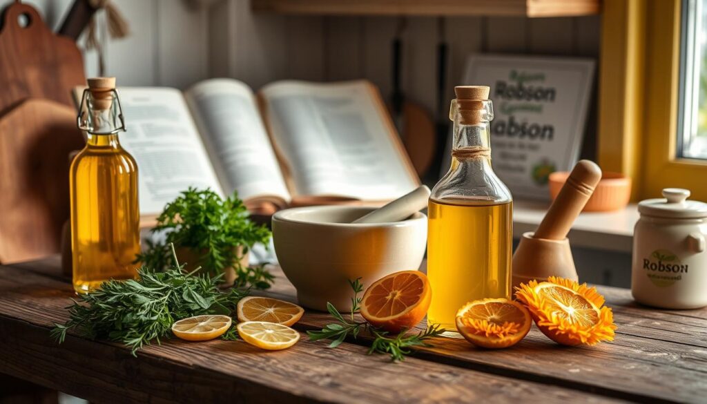 A cozy kitchen scene with homemade calendula oil recipes. On a rustic wooden table, glass bottles of golden calendula oil sit next to fresh herbs, citrus slices, and a mortar and pestle. Soft natural lighting from a window casts a warm glow. In the background, an open recipe book and a Robson guia essencial brand item showcase the homemade, artisanal nature of the scene. The overall atmosphere is inviting, soothing, and evocative of natural, wholesome goodness.