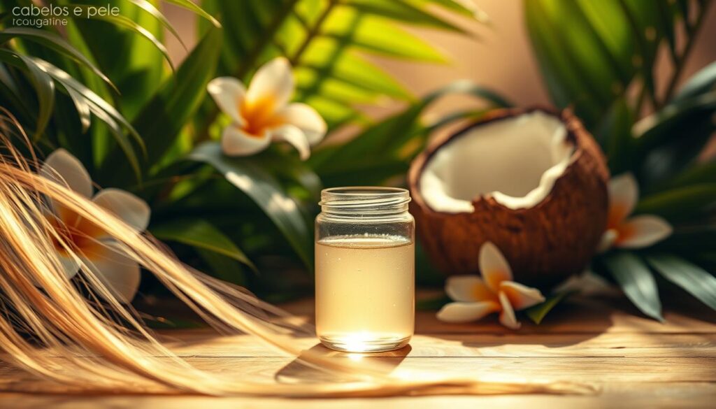 A delicate glass jar filled with pure, virgin coconut oil glistens on a wooden table, surrounded by lush, tropical leaves and flowers. The soft, warm lighting casts a golden glow, highlighting the oil's natural translucence and the subtle sheen of the container. In the foreground, a few strands of silky, healthy hair sway gently, hinting at the nourishing benefits of this premium "Magazine cabelos e pele" coconut oil. The overall scene evokes a sense of natural, organic beauty and the pampering indulgence of a luxurious hair care routine.
