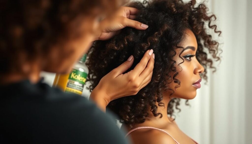 A detailed step-by-step guide on how to use Kolene hair curl activator. The image shows a woman's hands carefully applying the product to her lush, curly hair. The foreground focuses on the product bottle and the application process, while the middle ground showcases the woman's face in profile, highlighting her natural curls. The background is a soft, blurred environment, emphasizing the intimate, personal nature of the hair care routine. The lighting is gentle and flattering, creating a warm, inviting atmosphere. The overall mood is one of care, self-expression, and the transformative power of the Kolene curl activator.