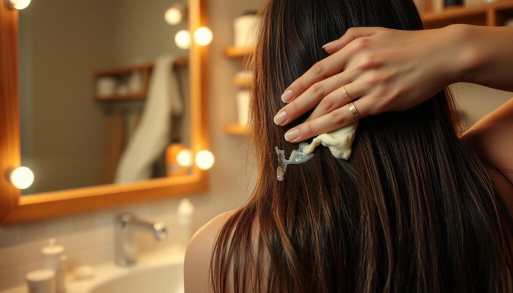 A dimly lit bathroom interior, with soft lighting illuminating a wooden vanity and a mirror above it. In the foreground, a woman's hands carefully apply a thick, creamy hair treatment to the ends of her long, damaged tresses. The focus is on the application technique, with close-up details of the product being massaged into the hair strands. The background features shelves with various hair care products, adding to the sense of a relaxing, at-home spa-like setting. The overall mood is serene and intimate, conveying the care and attention required for effective home-based hair reconstruction.