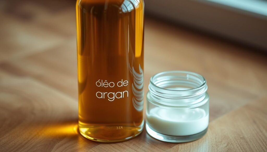 A glass bottle filled with golden argan oil, sitting atop a wooden surface. The bottle has a minimalist label with the words "óleo de argan" in a sleek, modern font. Beside the bottle, a small clear jar with a white screw-top lid, containing a creamy leave-in conditioning product. Soft, diffused lighting illuminates the scene, creating a warm, natural atmosphere. The composition is simple and elegant, highlighting the key products in a visually appealing way that reflects the subject of the article section.