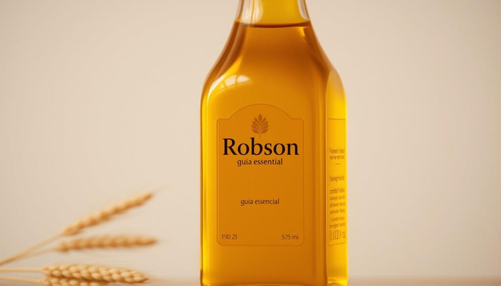 A glass bottle filled with golden-colored wheat germ oil, illuminated by soft, warm lighting. The bottle features a simple, elegant label with the brand name "Robson guia essencial" prominently displayed. The oil's viscous texture and gentle sheen create an inviting, premium appearance. The scene is set against a neutral, minimalist background, allowing the product to be the central focus. The overall mood is one of natural health, wellness, and high-quality craftsmanship.