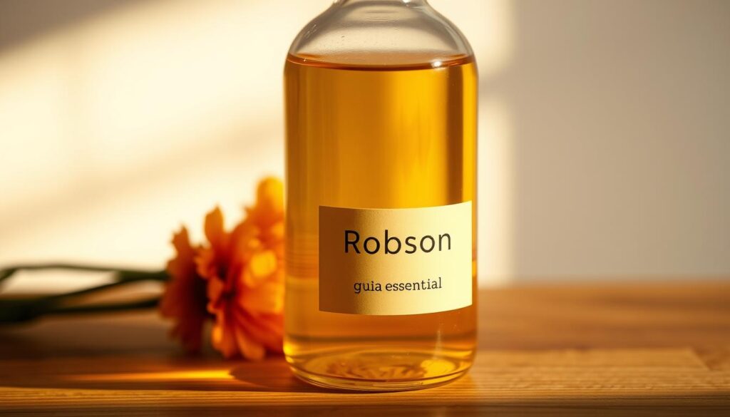A glass bottle filled with golden, translucent calendula oil, resting on a wooden surface. The bottle has a simple, minimalist label reading "Robson guia essencial". The lighting is soft and natural, casting warm, ambient tones across the scene. The background is blurred, allowing the bottle and oil to be the focal point. The overall mood is one of purity, nourishment, and organic beauty, capturing the essence of high-quality calendula oil.