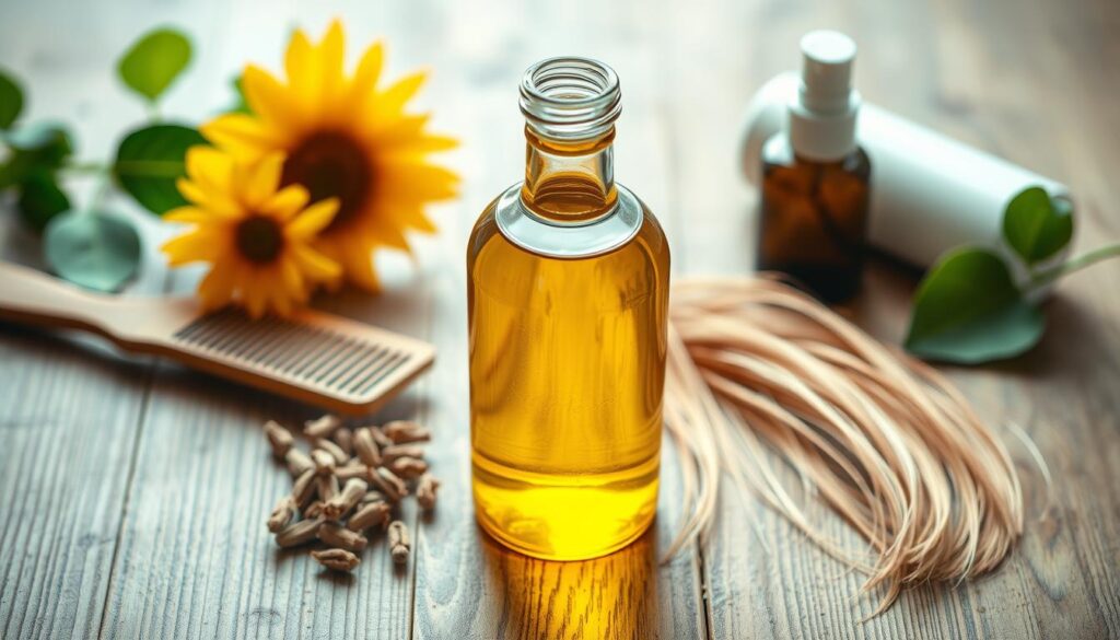 A glass bottle filled with golden-yellow sunflower oil sits on a wooden table, the liquid glistening in the soft, natural lighting. Around it, various hair care products are artfully arranged - a comb, a small spray bottle, and a few strands of delicate hair. The composition emphasizes the harmonious blending of the sunflower oil with complementary haircare items, creating a serene, spa-like atmosphere that invites the viewer to imagine the restorative benefits of this natural ingredient. The image is captured with a shallow depth of field, keeping the focal point on the sunflower oil while subtly blurring the background to maintain the product's prominence.