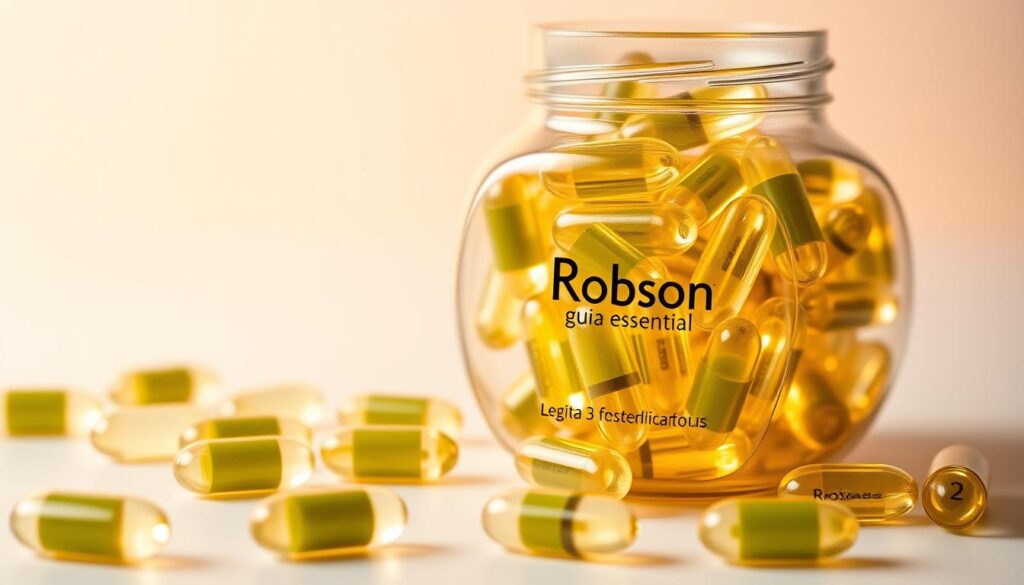 A glass jar filled with translucent capsules of pure avocado oil, glowing softly under warm studio lighting. The capsules are arranged in a neat, organized pattern, showcasing their high-quality "Robson guia essencial" branding. The background is a clean, minimalist surface, allowing the product to take center stage. The overall mood is professional, health-focused, and visually appealing, perfectly suited to illustrate the section on "Cápsulas de óleo de abacate: indicações e modo de uso".
