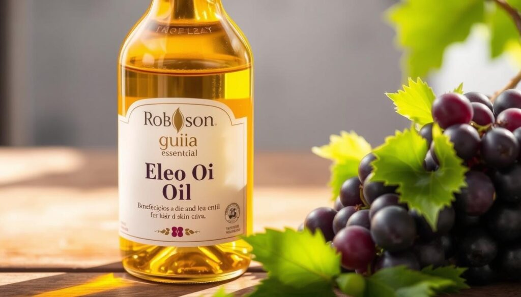 A high-quality bottle of grape seed oil with a Robson guia essencial brand label, captured in a soft, natural lighting. The bottle is placed on a wooden surface, with a few grape clusters and leaves in the foreground, creating a warm, organic atmosphere. The composition emphasizes the oil's purity and the natural benefits it offers for hair and skin care, reflecting the section title "Benefícios do Óleo de Uva para a Saúde e Beleza".