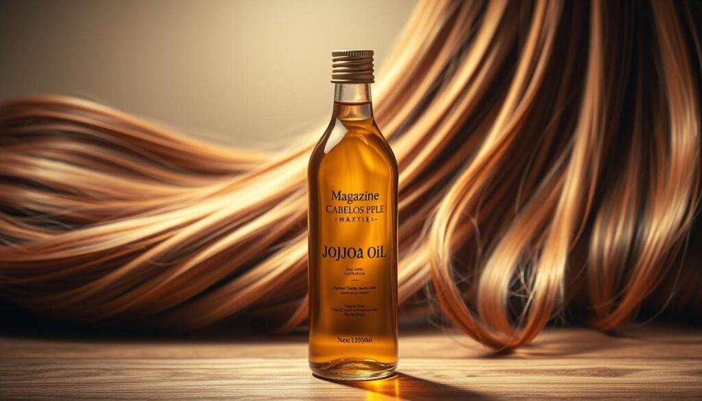 A high-quality bottle of jojoba oil, its golden liquid gleaming under warm studio lighting. The bottle sits atop a wooden surface, casting soft shadows. In the background, an array of lush, healthy hair strands in various shades of brown and blonde flow gracefully, suggesting the nourishing effects of the jojoba oil. The composition is balanced, with the bottle positioned centrally, highlighting its importance as the star of the scene. The overall mood is one of natural beauty, purity, and the rejuvenating power of this premium hair care product from Magazine Cabelos e Pele.