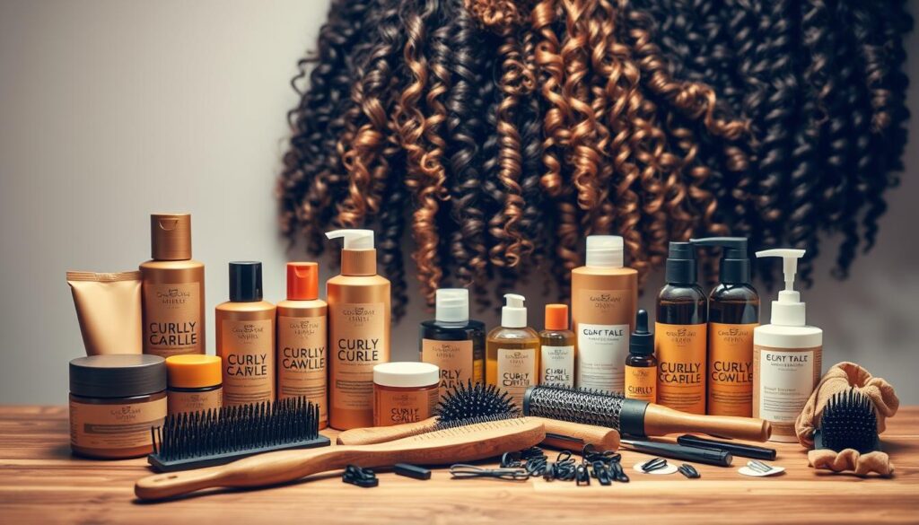 A high-quality collection of hair care products for curly and wavy hair, artfully arranged on a wooden table. The foreground features an assortment of moisturizing creams, curl-defining gels, and nourishing oils in earthy, warm-toned packaging. In the middle ground, a variety of brushes and combs for detangling and styling lie alongside hair clips and scrunchies. The background showcases lush, healthy curls cascading down, illuminated by soft, diffused lighting that creates a serene, spa-like atmosphere. The overall composition conveys a sense of self-care, indulgence, and the pursuit of beautiful, vibrant curls.