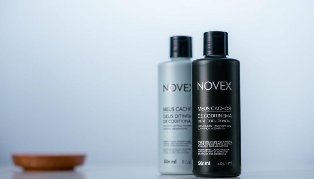 A high-quality, detailed image of the Novex Meus Cachos de Cinema shampoo and conditioner products. The products are prominently displayed in the foreground, with a soft, diffused lighting highlighting their textures and colors. The background is slightly blurred, creating a sense of depth and focus on the products. The bottles are positioned at an angle, creating a dynamic, visually interesting composition. The overall mood is clean, professional, and showcases the products in an appealing, aspirational manner.