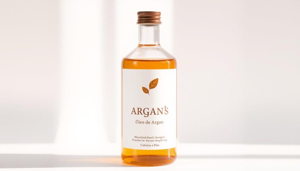 A high-quality glass bottle with a label that reads "Óleo de Argan Magazine Cabelos e Pele" sits on a clean, white background. The bottle's design is minimal and elegant, with a simple logo and typography. Warm, natural lighting casts a soft glow on the bottle, highlighting its amber-colored contents. The label features a clean, crisp typeface and a subtle argan leaf illustration, conveying the product's focus on natural, nourishing ingredients for hair and skin. The overall composition is well-balanced, drawing the viewer's attention to the central bottle while maintaining a visually appealing and professional-looking presentation.