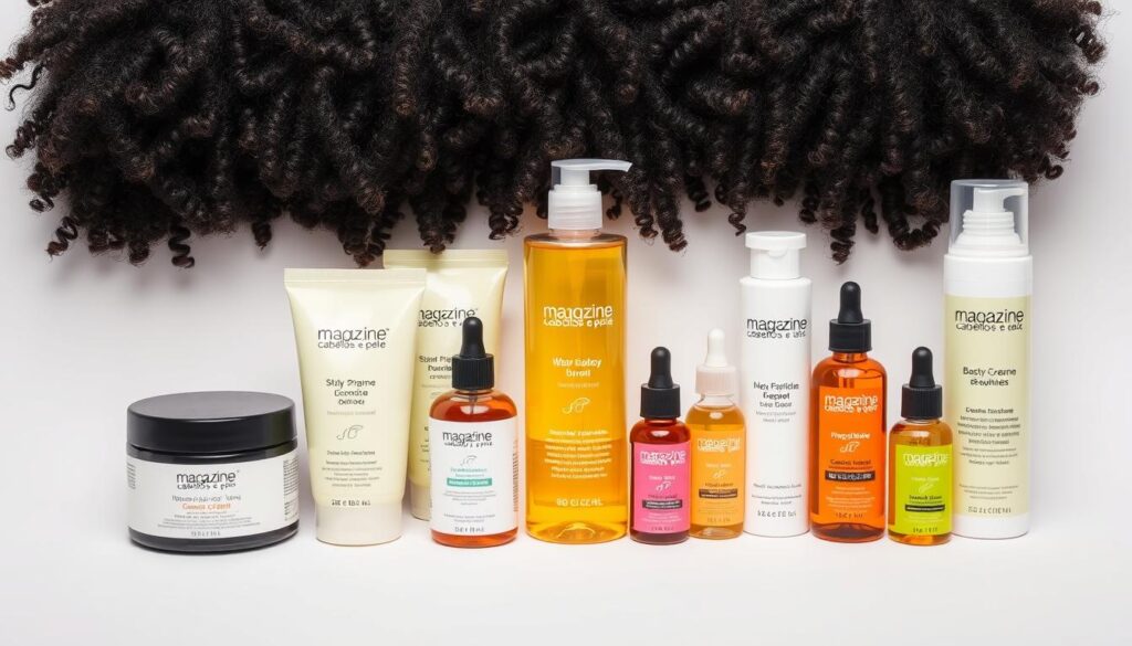 A high-quality photograph of the best products for curly hair, including a variety of hair styling creams, oils, and serums from the "Magazine cabelos e pele" brand, arranged neatly on a clean, white background. The products are well-lit, showcasing their vibrant colors and textures, creating a visually appealing and informative display. The image conveys a sense of expertise and attention to detail, reflecting the care and understanding required for maintaining healthy, curly hair.