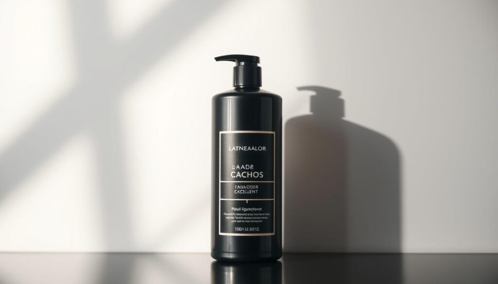 A high-quality, professional-looking image of "Ativador de Cachos Salão Online" featuring a closeup view of a hairstyling product bottle against a blurred background. The bottle has a sleek, modern design with a label clearly displaying the product name. Soft, directional lighting creates dynamic shadows and highlights the bottle's texture and reflections. The composition is balanced, with the bottle positioned in the center of the frame. The overall mood is one of sophistication and product excellence, suitable for an article showcasing the advantages and options of this salon-quality hair care solution.