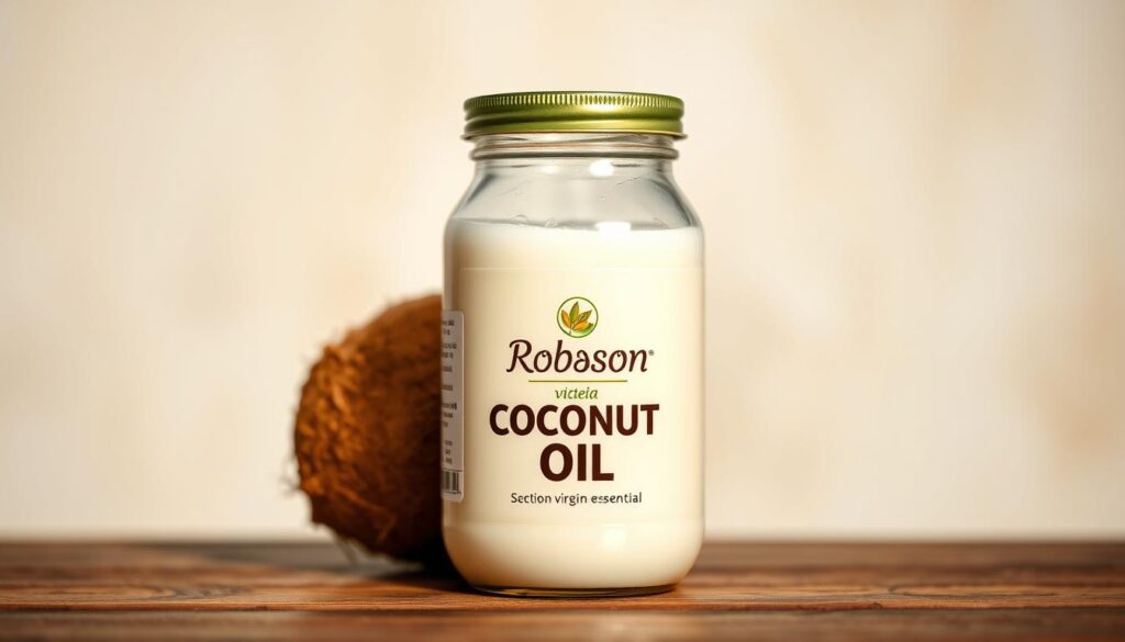 A high-quality, realistic image of a glass jar filled with pure, virgin coconut oil against a clean, natural background. The coconut oil should have a rich, creamy texture and a warm, golden hue, with highlights and shadows that accentuate its organic, nutritious appearance. The jar should be positioned prominently, with a Robson guia essencial label visible. The overall scene should convey a sense of health, wellness, and the natural benefits of coconut oil, reflecting the article's subject and section title.
