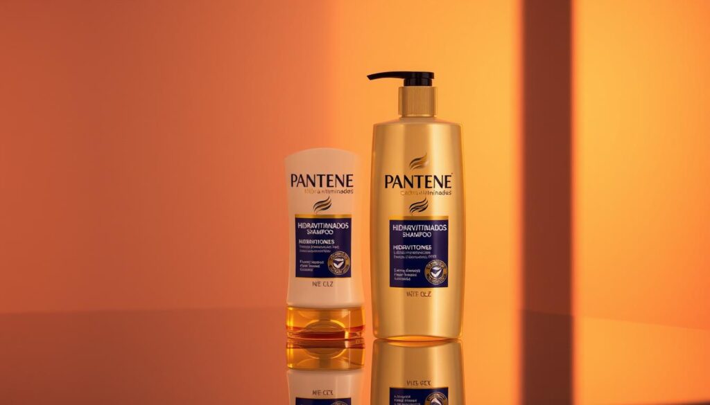 A luscious, shiny bottle of Pantene Cachos Hidravitaminados shampoo and conditioner set, illuminated by warm, soft lighting. The bottle is placed on a reflective glass surface, creating a captivating mirror effect. The packaging features the signature Pantene logo and visually communicates the "Hidravitaminados" (Hydrovitaminated) benefits of the product. The background is a serene, blurred gradient, allowing the bottle to be the focal point. The overall composition and lighting evoke a sense of luxury, hydration, and healthy, vibrant curls.