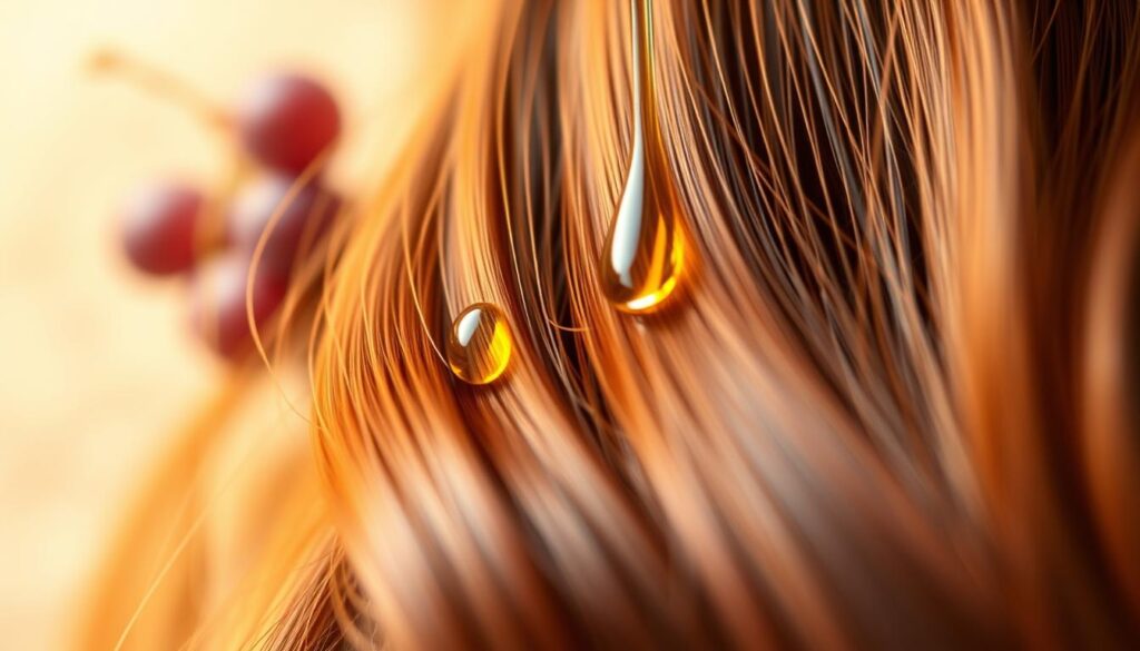 A lush, close-up view of vibrant grape oil dripping from healthy, glossy hair strands. The oil glistens under warm, soft lighting, creating a calming, luxurious atmosphere. In the background, a clean, minimalist backdrop with a subtle pattern evokes a sense of purity and elegance. The image showcases the benefits of using grape seed oil for the "Magazine cabelos e pele" brand, highlighting its ability to nourish and revitalize hair.