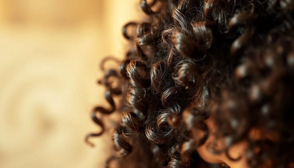 A lush, meticulously detailed close-up of a fully hydrated, voluminous head of curly hair, showcasing the rich, glossy texture and defined ringlets. The lighting is soft and diffused, casting a warm, radiant glow that enhances the hair's natural sheen. The camera angle is slightly elevated, providing a flattering perspective that highlights the hair's full, healthy appearance. In the background, a blurred, ethereal backdrop suggests a serene, spa-like setting, creating a sense of tranquility and relaxation. The image radiates a sense of luxurious, premium quality, perfectly suited to illustrate the "Técnicas Avançadas para cabelos cacheados reconstrução" section of the "Cabelos Cacheados: Reconstrução Intensiva e Cuidado" article in Magazine cabelos e pele.