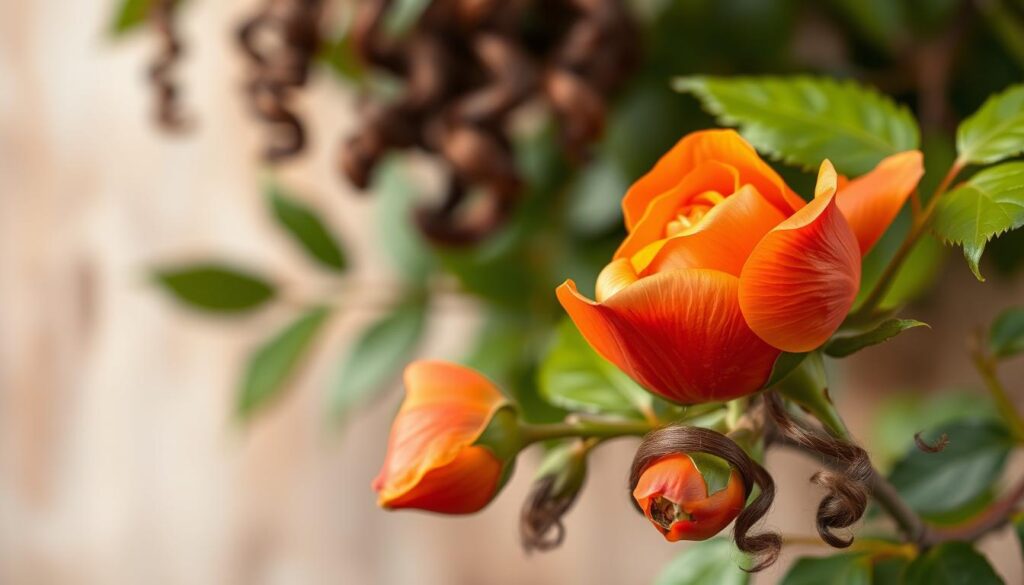 A lush, natural portrait of "Rosa Mosqueta" against a soft, blurred background. In the foreground, the rose hips appear vibrant and detailed, their warm orange-red hues glowing under gentle lighting. The rose petals are delicately textured, their edges softly defined. In the middle ground, an array of curled, glossy hair strands cascade around the rose, hinting at its nourishing properties for curly hair. The background is a harmonious, out-of-focus arrangement of complementary greens and browns, creating a serene, earthy atmosphere. The overall mood is one of natural beauty, wellness, and the synergy between the rose and curly hair.