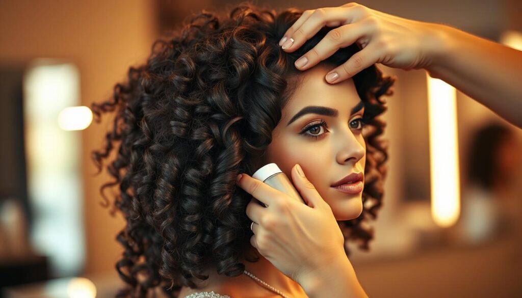 A professional hairstylist skillfully applying a curl-activating product to a model's hair, using advanced techniques like sectioning, smoothing, and root-lifting. The scene is bathed in warm, diffused lighting that flatters the model's face and enhances the glossy, defined curls. The focus is on the stylist's hands and the model's hair, with a blurred background suggesting an upscale salon setting. The overall mood is one of expertise, care, and the promise of salon-quality results.