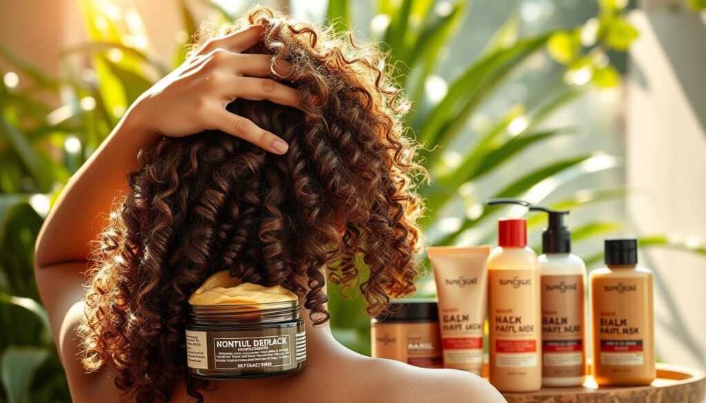 A radiant and vibrant image of a person meticulously caring for their curly, luscious hair. The foreground features their hands gently massaging a rich, nourishing hair mask into their cascading coils, while the middle ground showcases the products used - a variety of high-quality, sulfate-free shampoos, conditioners, and styling creams in earthy, natural tones. The background depicts a serene, sun-dappled setting, with soft natural lighting filtering through lush greenery, creating a calming, spa-like atmosphere. The overall mood is one of self-care, indulgence, and a celebration of the beauty and uniqueness of naturally curly hair.