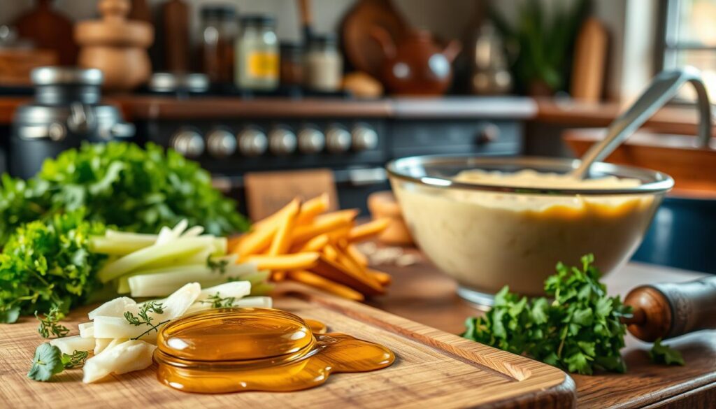 A rustic kitchen scene, showcasing a variety of homemade recipes featuring wheat germ oil. In the foreground, a wooden cutting board displays freshly chopped vegetables, herbs, and a drizzle of golden wheat germ oil. In the middle ground, a mixing bowl filled with a creamy, nourishing-looking mixture, surrounded by various kitchen utensils. In the background, a warm, cozy atmosphere with earthy tones, perhaps a vintage-inspired range or shelves displaying jars of ingredients. Soft, natural lighting illuminates the scene, highlighting the texture and richness of the wheat germ oil and homemade dishes. An inviting, wholesome atmosphere that evokes the comfort and simplicity of homemade recipes.