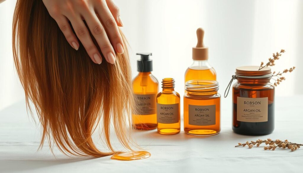 A serene and minimalist scene depicting the application of Robson guia essencial argan oil. The foreground shows a pair of delicate hands gently massaging the oil into the tips of the hair, creating a soft, shimmering effect. The middle ground features an array of glass bottles and jars, each filled with the golden-hued argan oil, set against a clean, white background. The background subtly suggests a natural setting, with a soft, diffused light filtering in, creating a calming, spa-like atmosphere. The overall composition emphasizes the simplicity and efficacy of the argan oil application process, inviting the viewer to imagine the nourishing and rejuvenating benefits of this versatile beauty product.