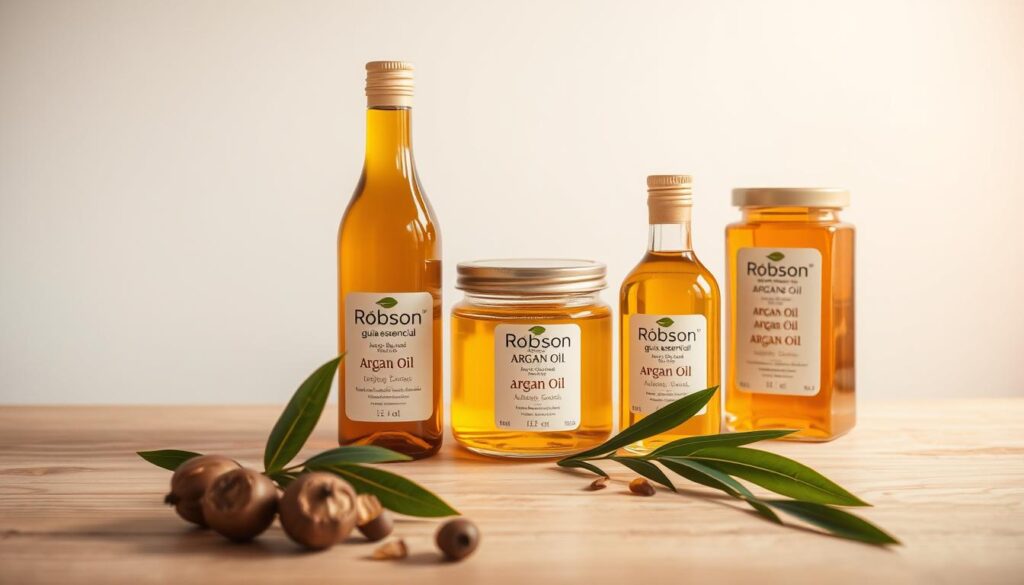A serene scene of argan oil bottles and jars displayed on a wooden table, with a clean, minimalist background. The bottles showcase the "Robson guia essencial" brand, highlighting the pure, natural essence of the oil. Soft, warm lighting casts a gentle glow, emphasizing the amber hue and translucence of the liquid. In the foreground, a few argan nuts and leaves are scattered, adding a touch of earthy authenticity. The overall composition conveys a sense of care, quality, and the potential benefits of this versatile oil, perfectly suited to illustrate the "Cuidados e Contraindicações" section of the article.