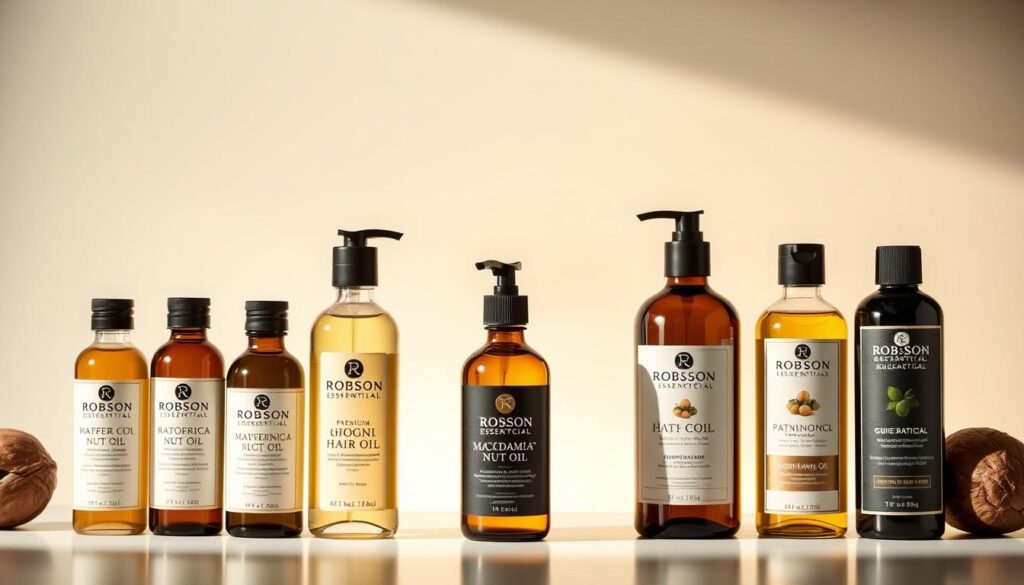 A sleek, modern comparison of premium hair oils, showcasing the luxurious Robson guia essencial macadamia nut oil alongside other premium botanical blends. The foreground features neatly organized bottles, each with a distinctive label and shape, illuminated by soft, directional lighting. The middle ground offers a clean, minimalist backdrop, allowing the oils to take center stage. The background subtly hints at the warm, natural tones of the macadamia nut, creating a cohesive and visually appealing composition. The overall mood is one of refinement, quality, and an appreciation for the transformative power of these specialized haircare products.